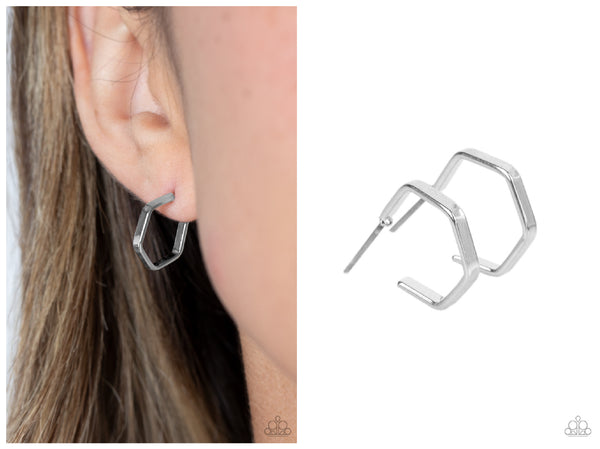 Haute Hexagons - Silver Hoop Earring