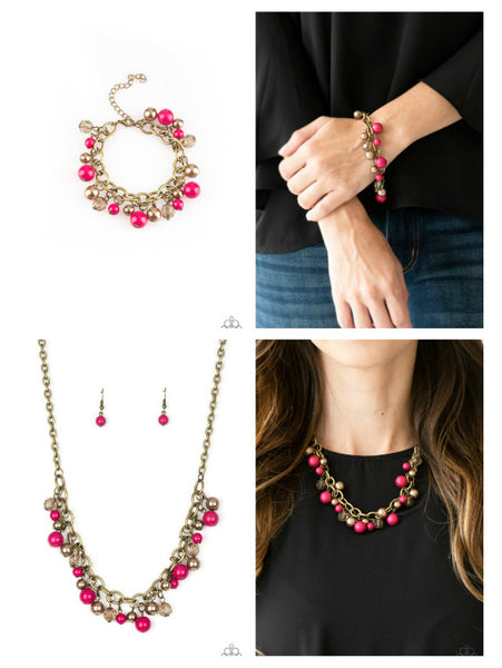 Brass/Pink Necklace & Bracelet Set